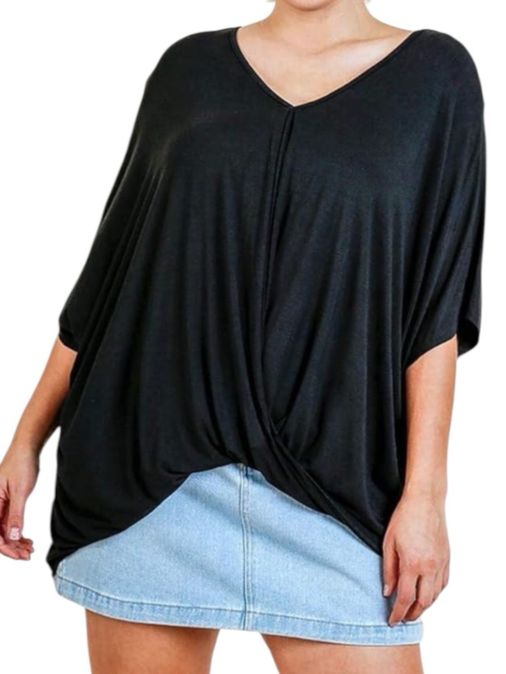 Umgee Black V-Neck Twist Slouchy Relaxed Front Top - Picture 1 of 8